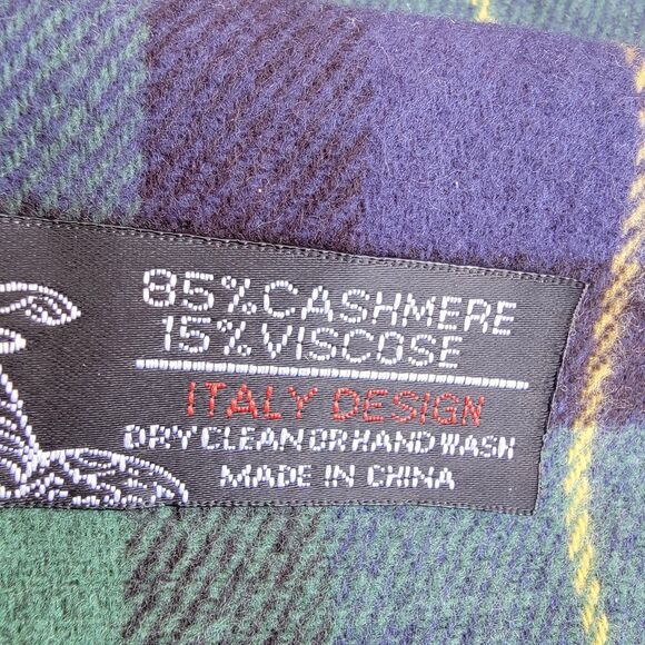 Italy Design cashmere blend plaid fringe detail scarf Preppy Blu/grn/red/yel - Picture 3 of 3